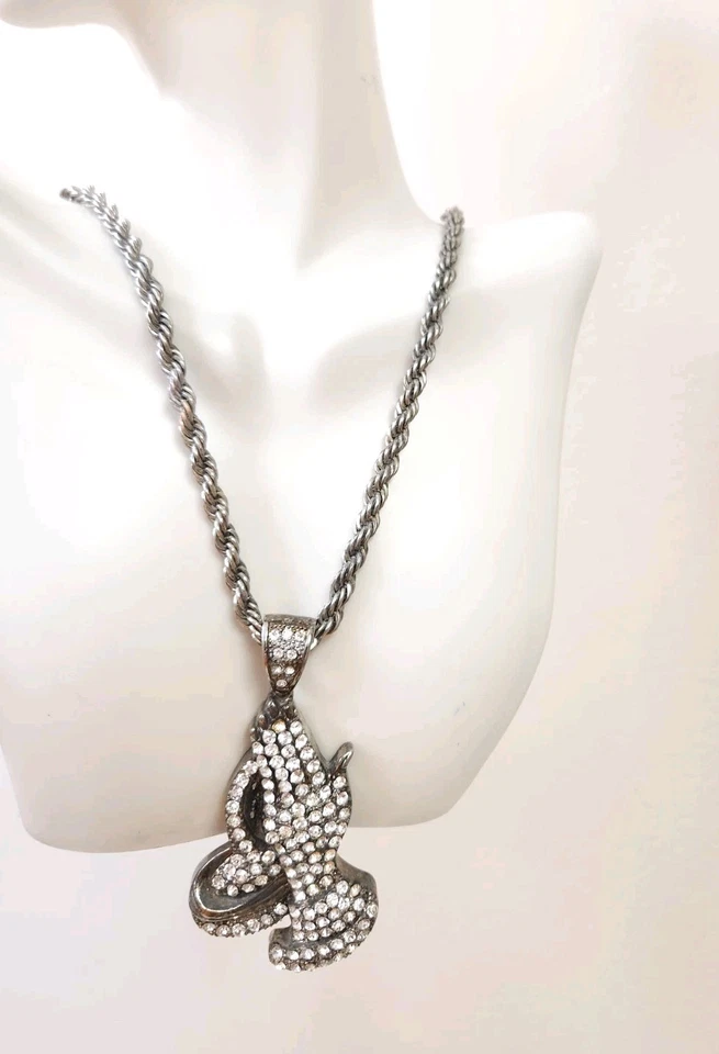 Men's Iced Out CZ Prayer Hands Religious Pendant Silver 30” Rope Chain Necklace - Image 2 of 4