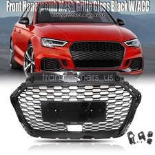 For 2017 2018-2020 Audi A3 S3 8V Front Honeycomb Mesh Grille Gloss Black W/ACC