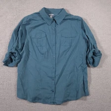 Croft & Barrow Shirt Womens 1X Teal Stripe Roll Tab Sleeve Button Front Modal