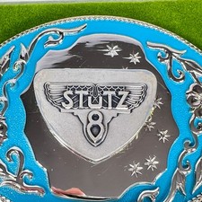 1926 Stutz 8 Pewter Emblem Mounted On Blue Metal Steel Filigree Belt Buckle 1926 Stutz 8 Pewter Emblem Mounted On Blue Metal Steel Filigree Belt Buckle