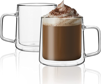 CNGLASS 12Oz Glass Coffee Mugs,Double Wall Insulated Glass Cups with Handle,Clea