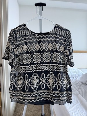 needle & thread Black Geometric Beaded Embroidered Round Neck Chiffon Blouse 8