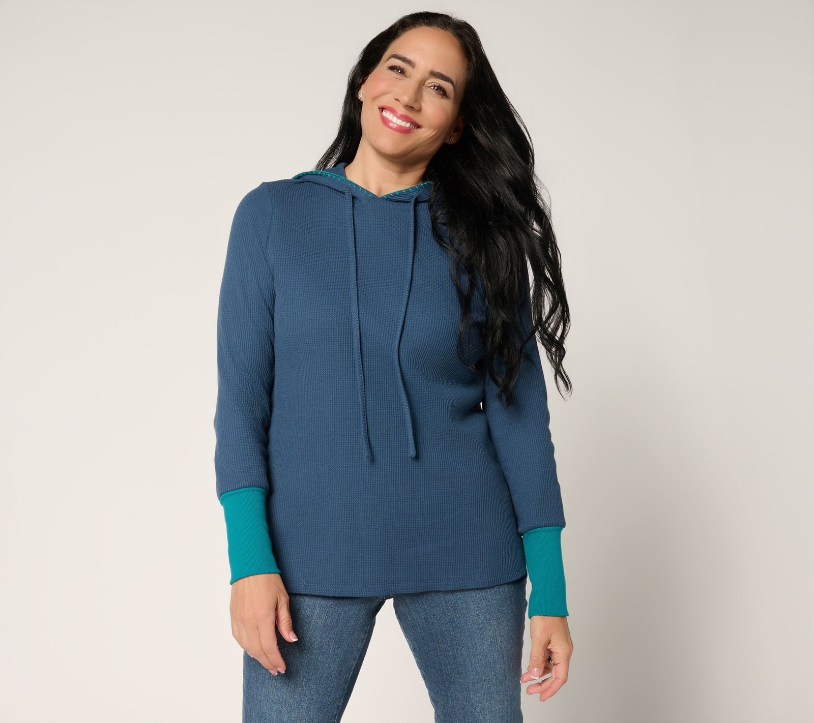 Belle by Kim Gravel Women's Top Sz XS Micro Waffle Pop Color Cuffed Blue A695505