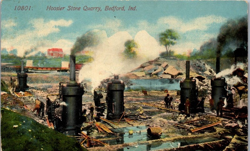  Postcard Men at Hoosier Stone Quarry Bedford IN Lawrence County ~ See Cancel