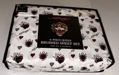 New Ed Hardy Queen 6pc Sheet Set, Burning Black Hearts, Ed Hardy Logo
