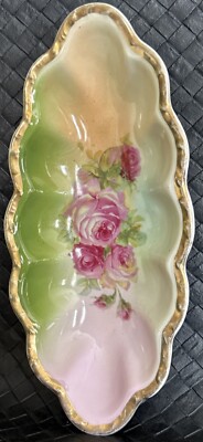 Antique Celery Dish Pink Green Gold  Scalloped