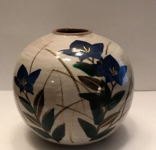 mini bud vase candleholder handpainted pottery floral blue green gold brown