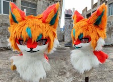 Furuit Long-haired Cat and Fox Mascot Head Party Halloween Fur Role Play 237#