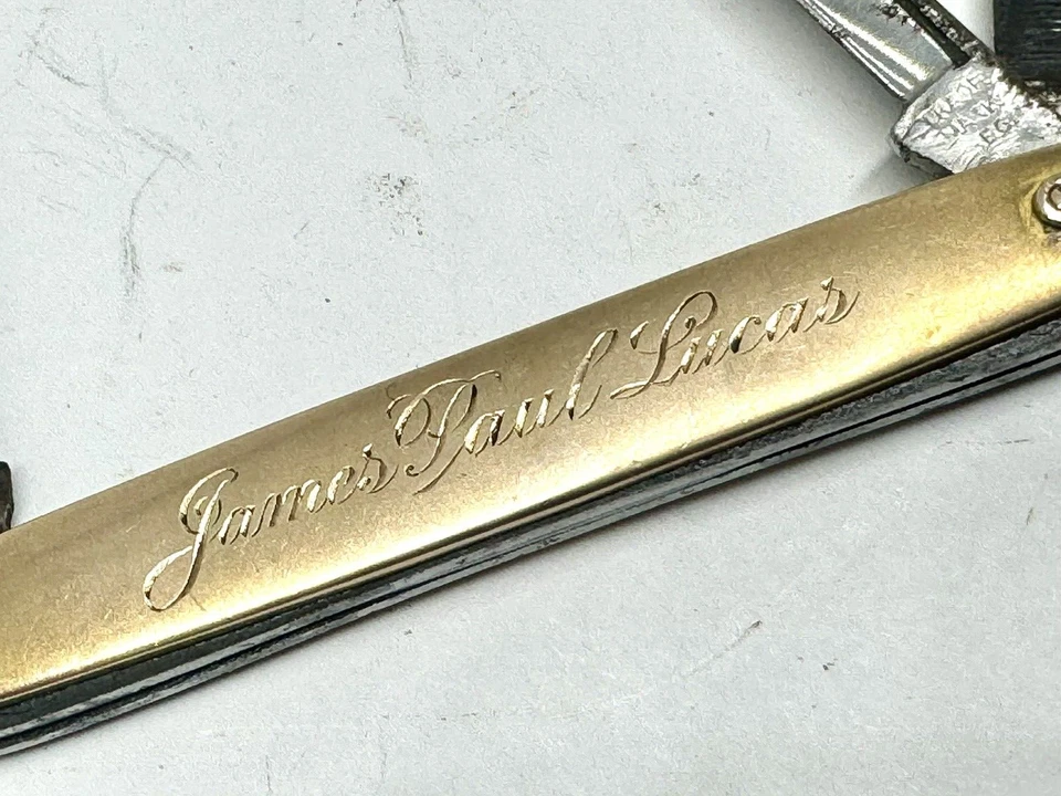 Navaja de bolsillo vintage de 4 hojas James Paul Lucas alias Diamond Jim's oro macizo de 10 quilates Foto 2 de 4
