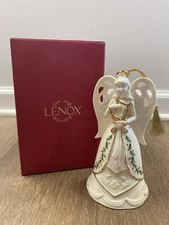 Angel Bell Ornament LENOX #893692 6" Tall Holiday Bisque Gold Harp Holly NWT