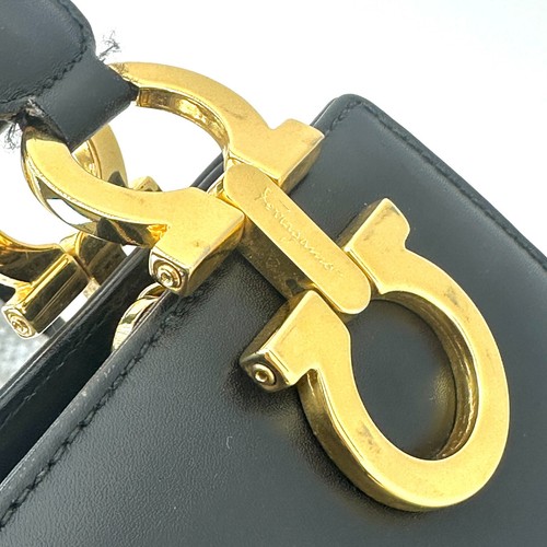 Salvatore Ferragamo Shoulder Bag Tote Bag Double Gancini Leather Black Authentic - Picture 13 of 24