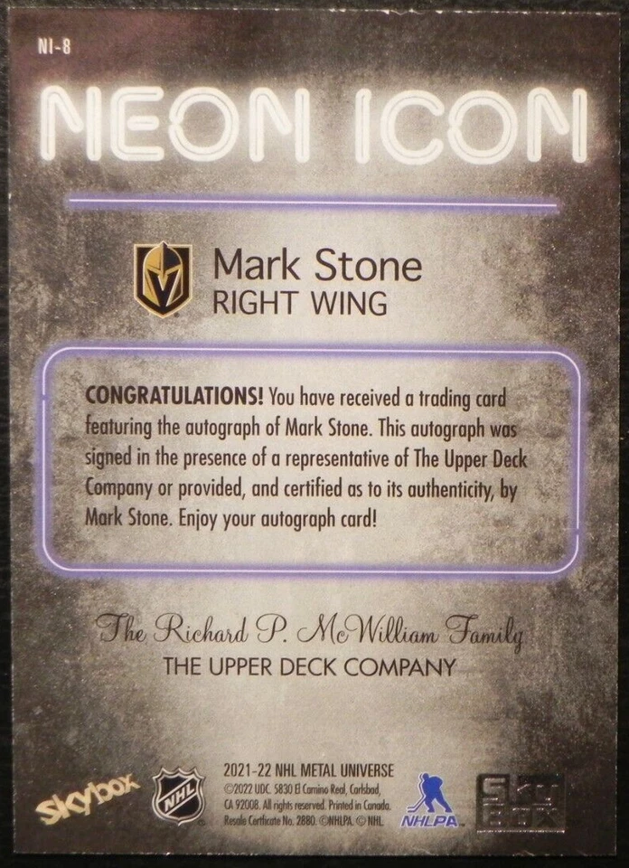 2021-22 21/22 Skybox Metal Universe NEON ICON AUTO NI-8 Mark Stone Golden Knight - Image 2 of 2