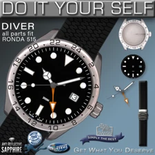 DO IT YOURSELF KIT DIVER GMT 200M CASE 45.6MM,  DIAL, HANDS fit RONDA 515 Quartz