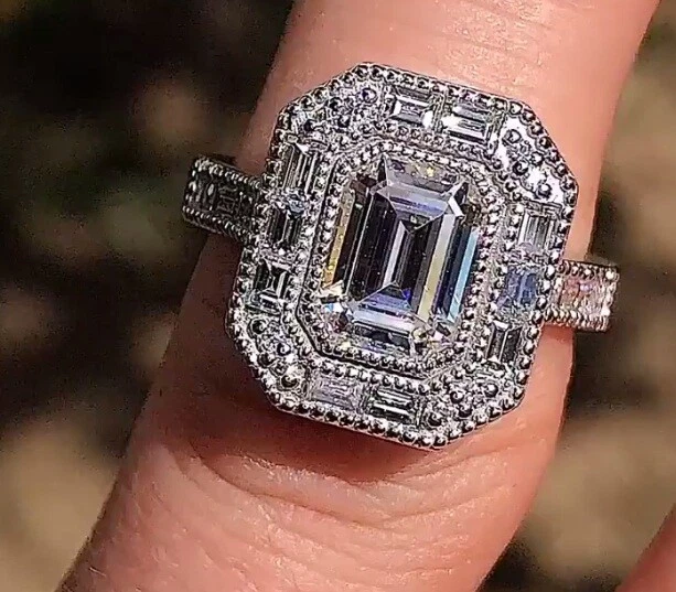 Emerald Cut Bezel Set Milgrain Engagement Ring Baguette And Round