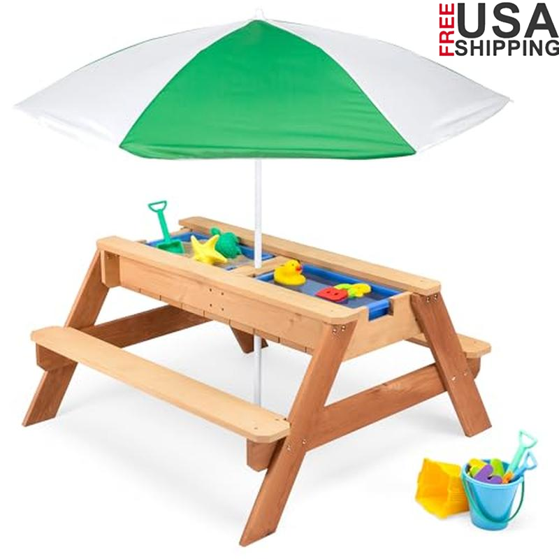 3-in-1 Adjustable Kids Sand Water Activity Table with Wood Umbrella & Trays