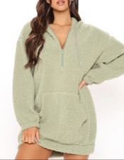 NEW Green Oversized Sherpa Cozy Pullover Hoodie Dress S SMALL Fashion Nova