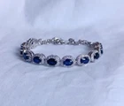 Blue Sapphire Oval Zircon Halo Bracelet 925 Sterling Silver Handmade Jewelry