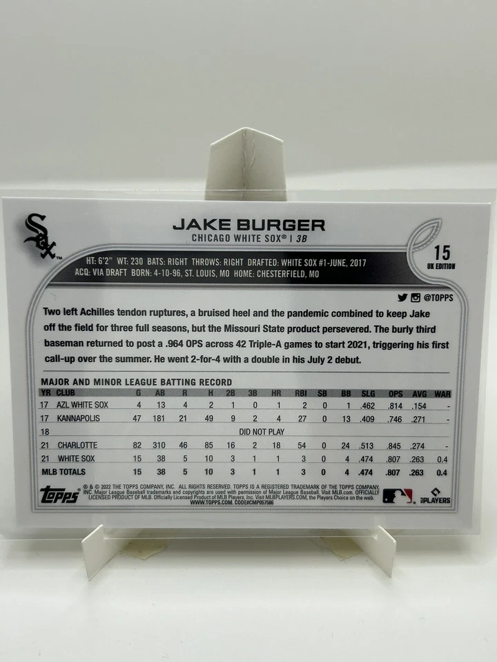 Jake Burger 2022 Topps UK Edition #15 Base RC White Sox - Image 2 of 2