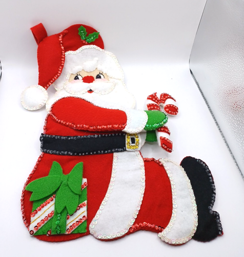 Vintage Bucilla 18" Finished Felt Sequin 3D Santa Claus Christmas Stocking 82820