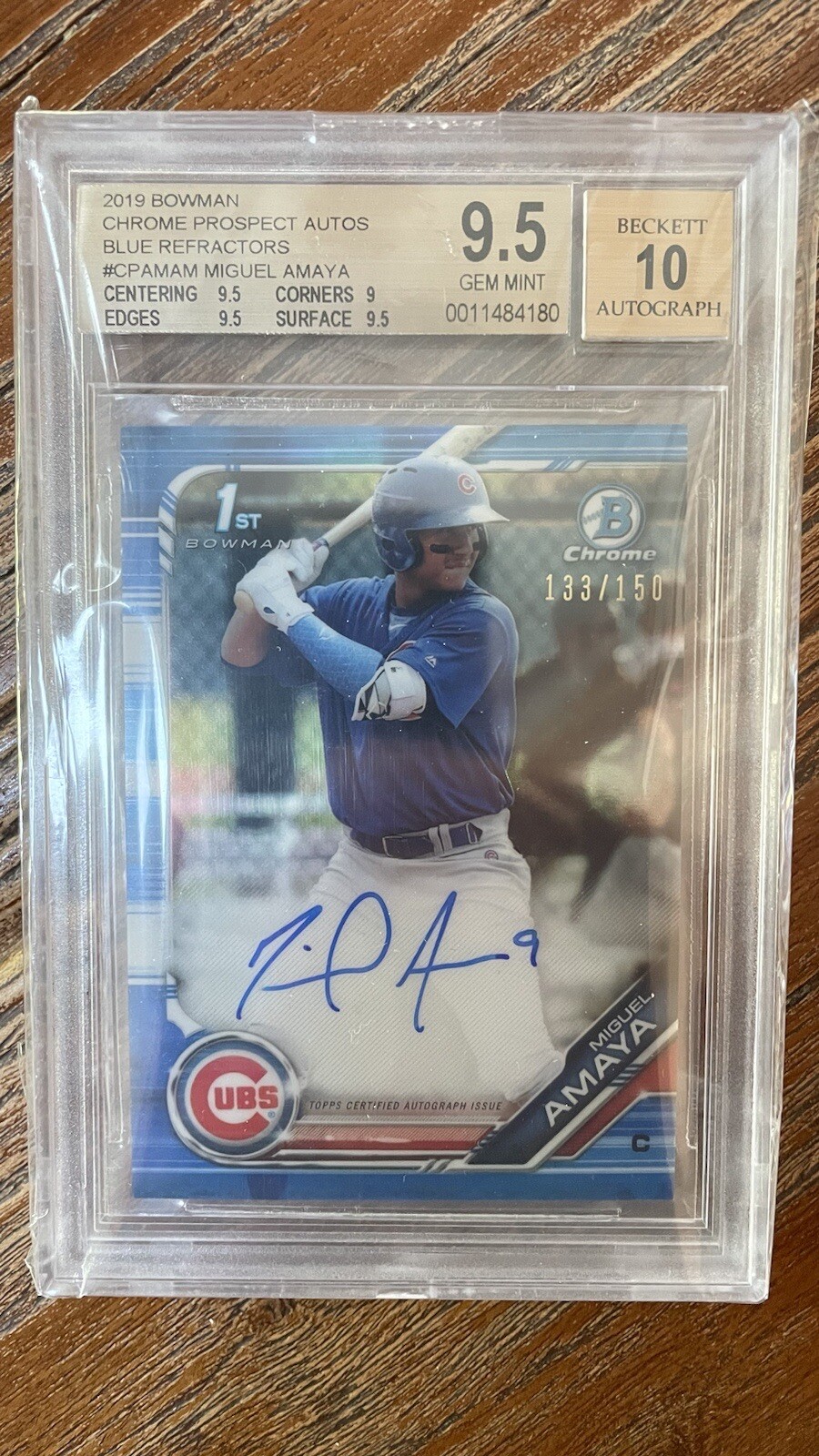 2019 Bowman Chrome Miguel Amaya Blue Refractor Auto 133/150 BGS 9.5 GEM MINT