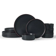 Nebula Stoneware Dinnerware Sets, 12-Piece Dish Set, Matte Black