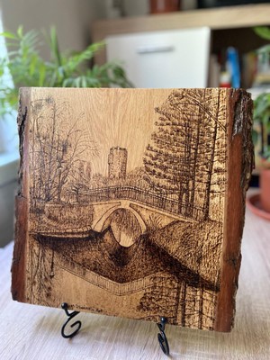 Reflection on Wasserpark, Pyrography Art, Landscape, Handmade Artwork, Oak Wood.