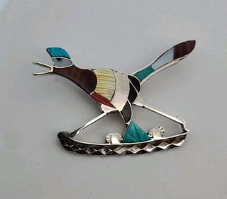 Vintage Eddy Beyuka Zuni Sterling Silver Multi Gem Roadrunner Pin Pendant Combo