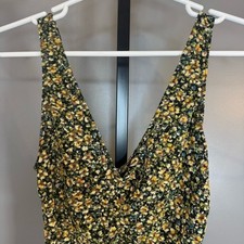 Leith Floral V-Neck Thong Bodysuit Black Yellow Ditsy Print Size S