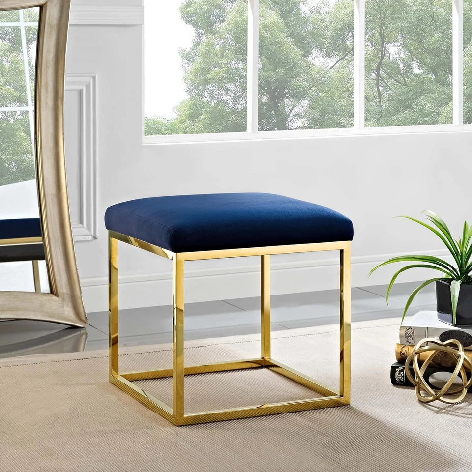 Anticipate Velvet Upholstered Modern Ottoman with Stainless Steel Frame in Gold - Image 2 of 4