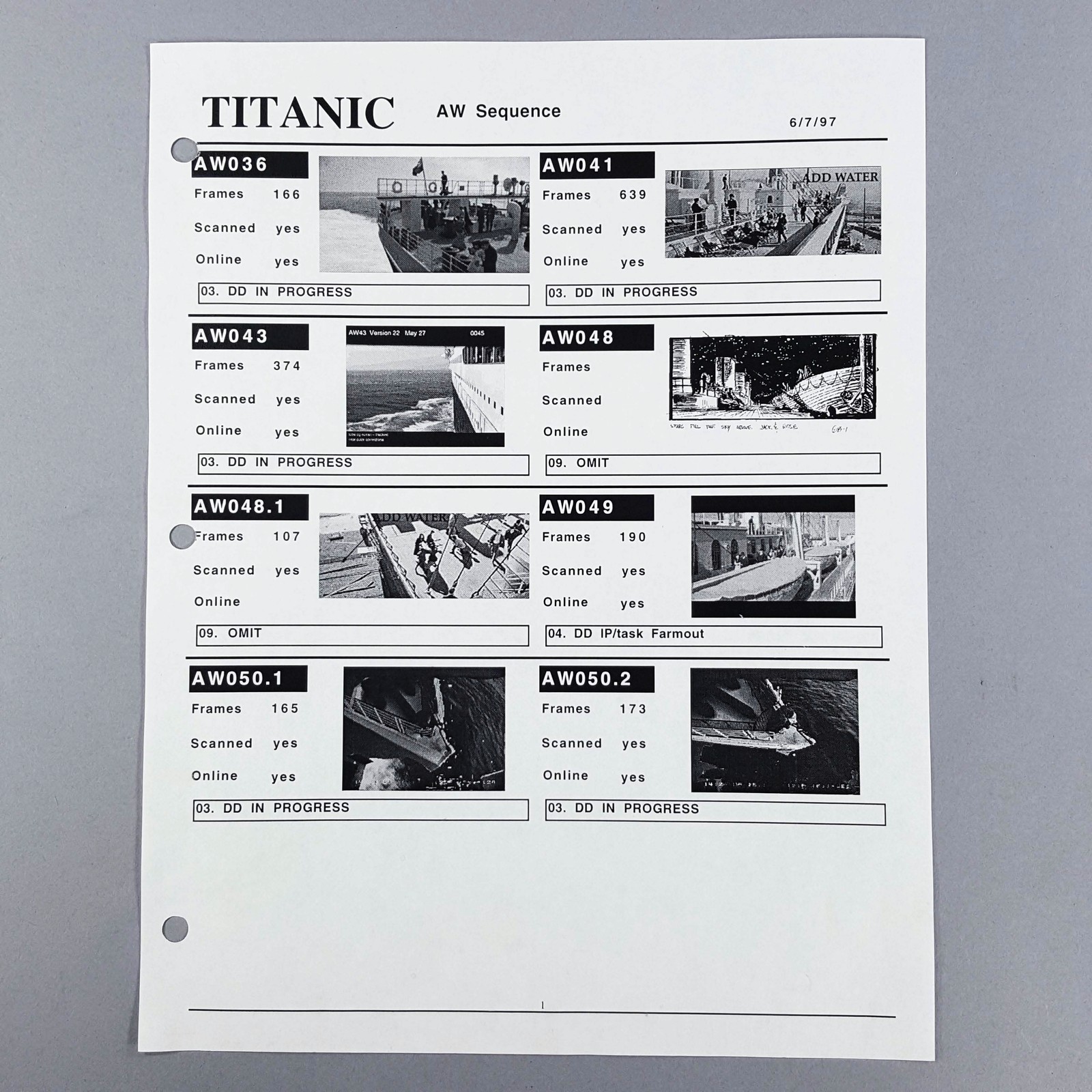 Titanic AW Sequence VFX Report Shots AW036–AW050 Production Used Original
