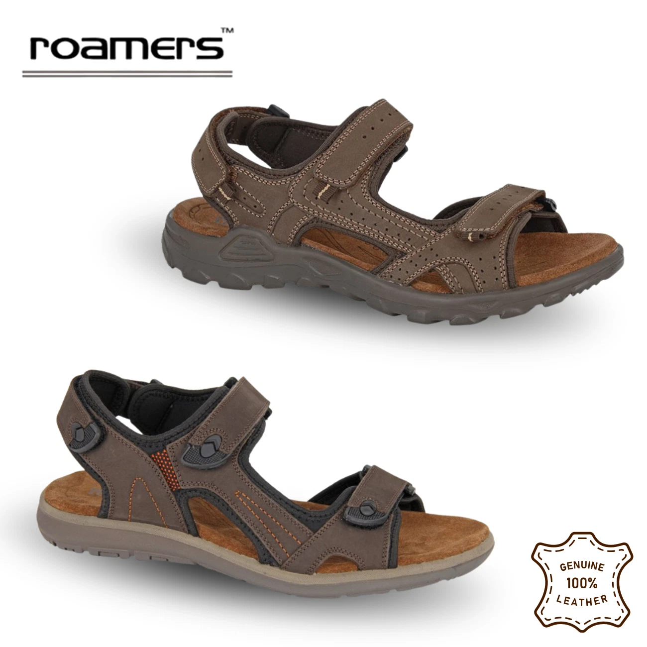 Mens Leather Walking Sandals Roamers Triple Strap Padded Open Toe Hiker Shoes