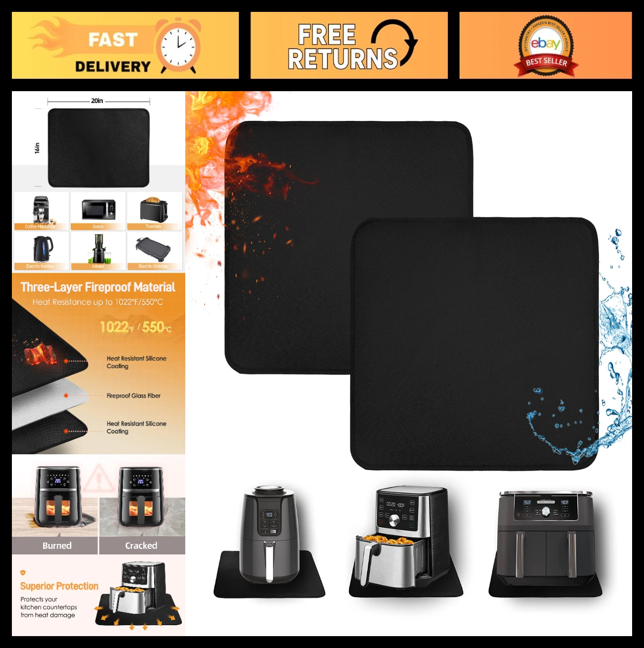 Heat Resistant Countertop Mats 16x20in - Fireproof Kitchen Protector for Air Fry