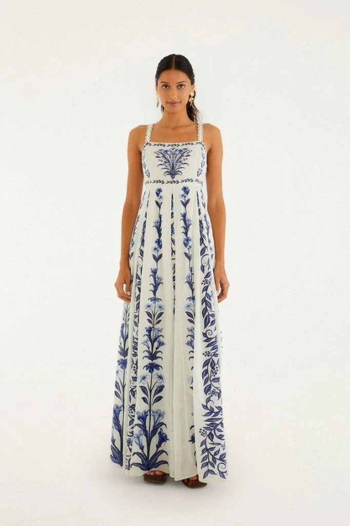 farm rio mixed white and blue prints maxi dress Off-White Flowerful Birds Lenzing Ecovero Euroflax Midi Dress  FARM Rio