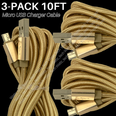 3 PACK 10Ft Micro USB Cable Fast Charger Cord Lot Heavy Duty For Android Samsung