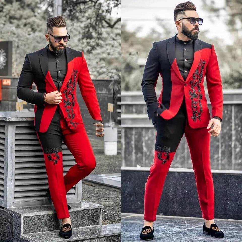 Moda Rojo Negro Hombres Trajes Empalme Color Caballeros Esmoquin Fiesta Baile de graduación Blazer Foto 3 de 4