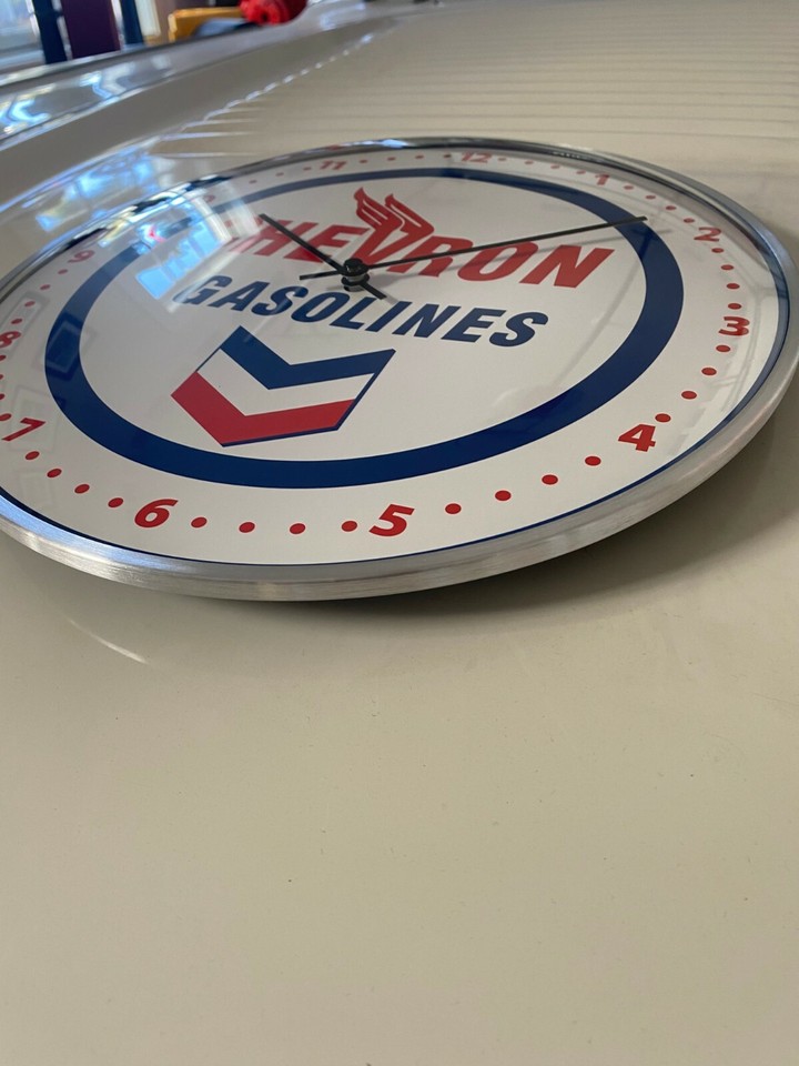 Vintage style CHEVRON Gas and OIL Round Clock 12" INCH NEW with GLASS ...