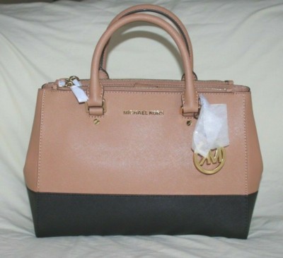 Michael Kors ~ Sutton Medium Purse ~Colorblock Suntan/Black Satchel $328 NWT
