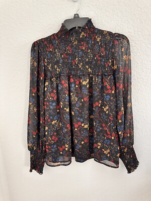 Laundry by Shelli Segal Womens Blouse Sz S Black Floral Smocked Fairy Whimsygoth
