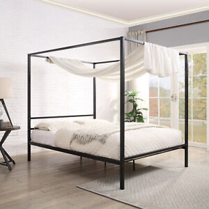 4 Poster Metal Bed Frame Canopy, Silver Canopy Bed Frame