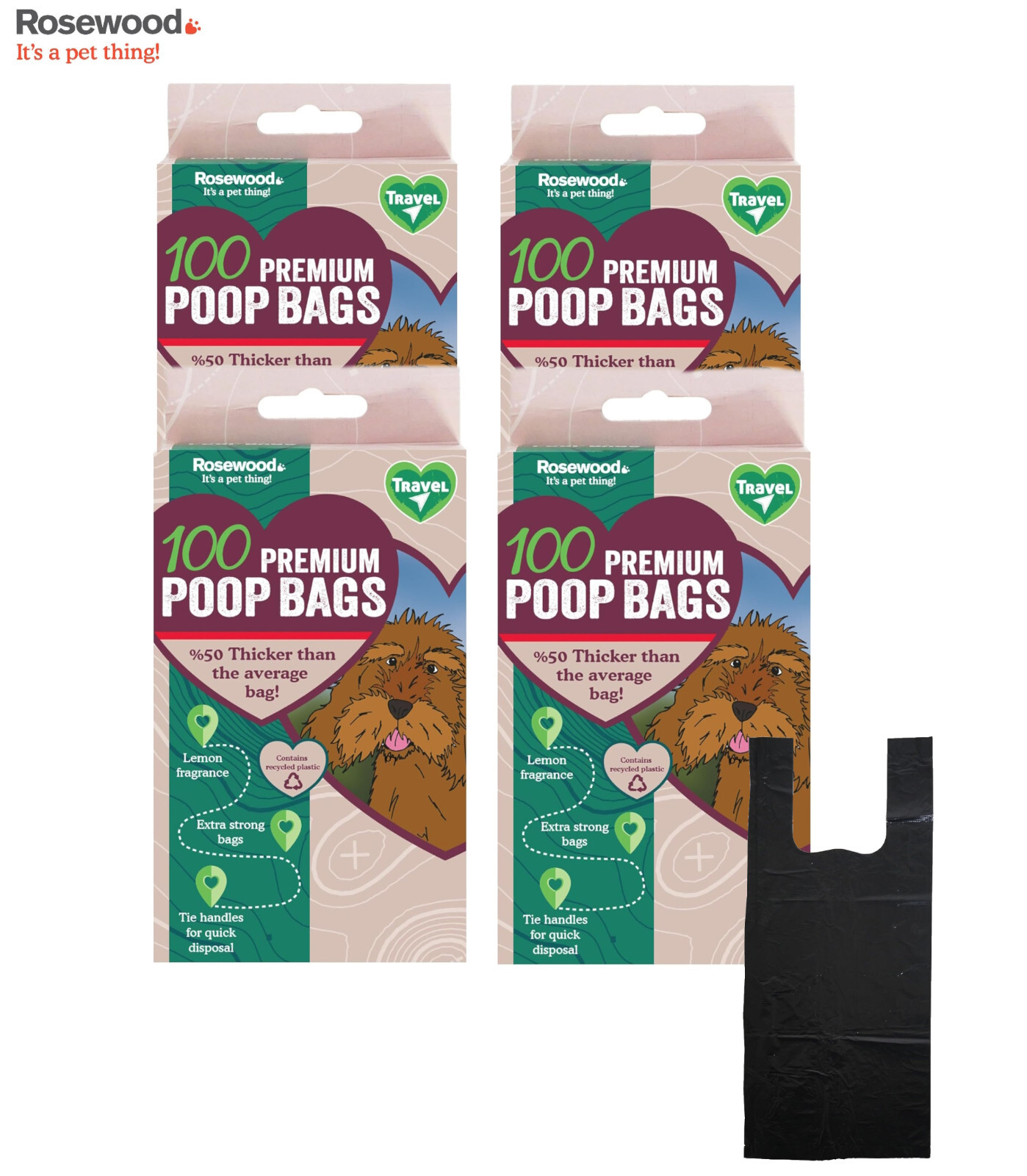 4 X 100 ROSEWOOD PREMIUM DOG POO WASTE BAGS WITH HANDLES LEMON SCENTED