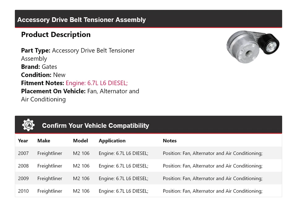 Accesorio para Freightliner M2 106 2007-2010 correa de transmisión tensor montaje puertas Foto 2 de 4