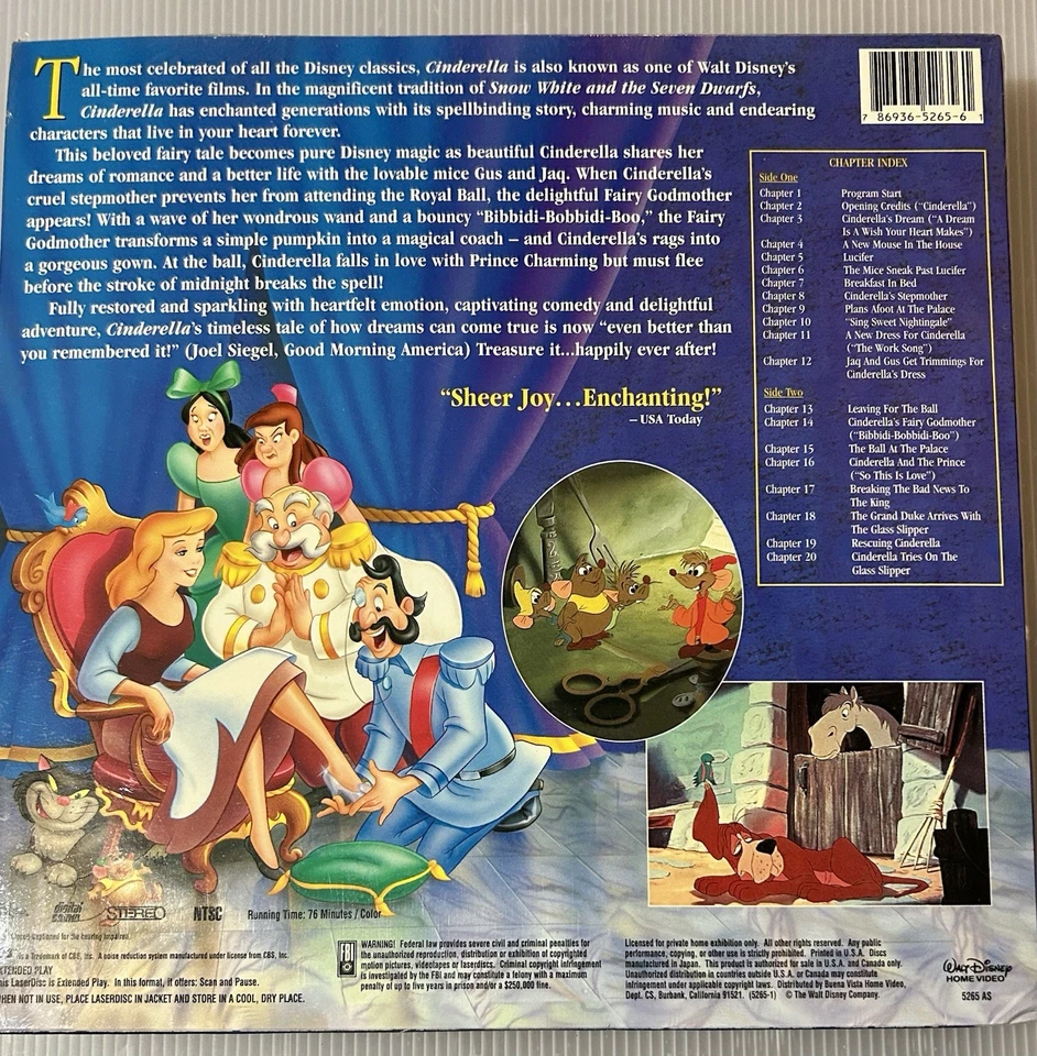 Cinderella Laserdisc Walt Disney Masterpiece Extended Play Brand New Sealed Mint - Image 2 of 2