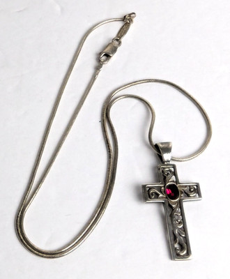 Sterling Silver Red Garnet  Filigree Cross Smooth Snake Chain Necklace 20'' Vtg