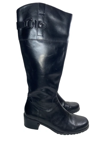 Anne Klein Riding Boots Sz 8.5 Black Leather Tall Lug Sole Equestrian Block Heel