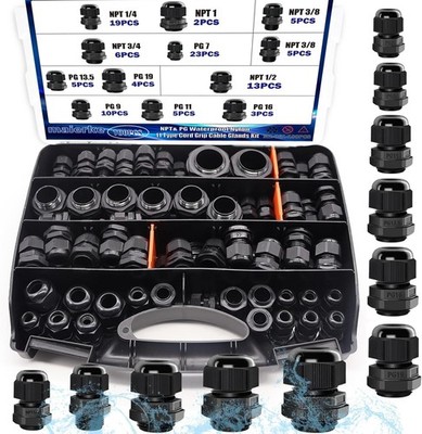 100PCS IP68 Waterproof Cable Gland Kit,Nylon Cable Glands Assortment Adjustab...