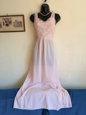 Vintage 60er Jahre rosa Spitze Nylon Nachthemd lang seidig weich kokett Pin Up 14