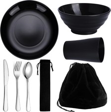 Camping Besteck Set Edelstahl Teller Schalen Becher mit Tasche sp&uuml;lmaschinenfest