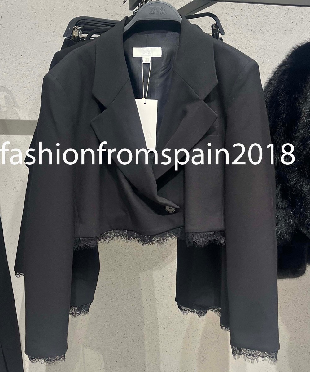 ZARA NEW WOMAN CROPPED LACE TRIM BLAZER JACKET BLACK XS-XL 2193