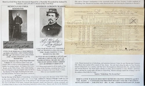 CIVIL WAR GETTYSBURG CAPT/KIA COLONEL 34th PA INFANTRY SIMMONS DOCUMENT SIGNED
