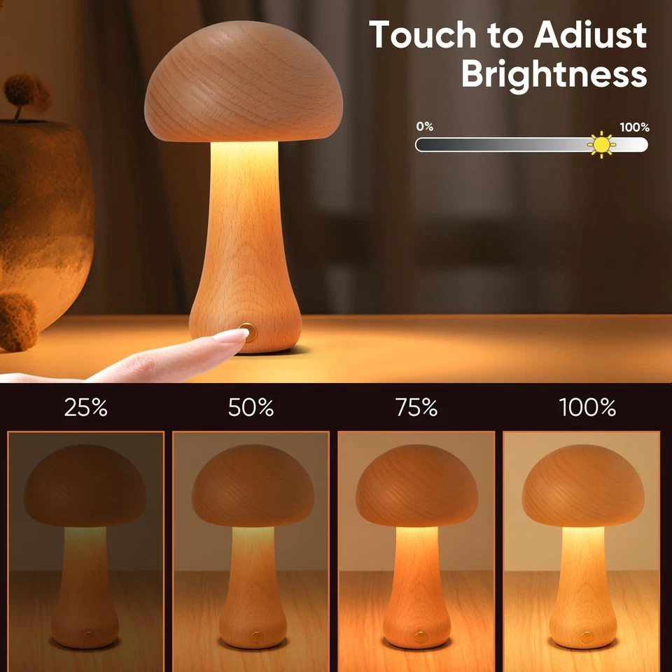 Small Wood Mushroom Lamp, LED Cordless Bedside Touch, Portable Dimmable Batte - Image 3 of 4